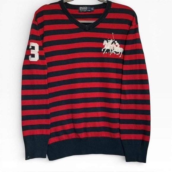 Ralph Lauren Sweaters - Ralph Lauren Polo Vintage Rugby Stripe V-Neck Sweater XL Big Pony Patch Red Navy